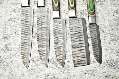 Lot of 5 Handmade Damascus Hammered Chef Knives – Full Tang with Hardwood Handles