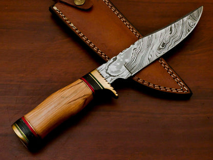 12" Handmade Damascus Bowie Hunting Knife | Olive & Pakka Wood Handle