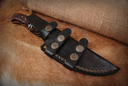 Damascus Bowie – Walnut Wood Handle, 9.5" Hand-Forged Full Tang Blade with Leather Sheath