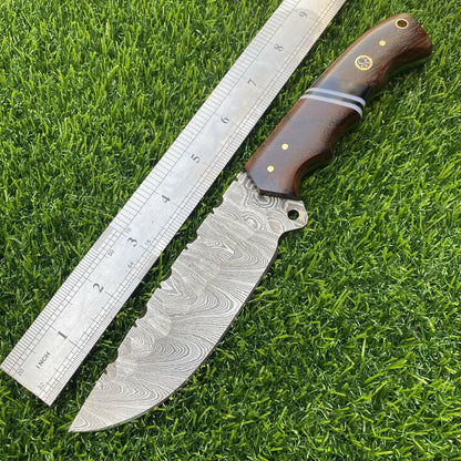Damascus Bowie – Walnut Wood Handle, 9.5" Hand-Forged Full Tang Blade with Leather Sheath