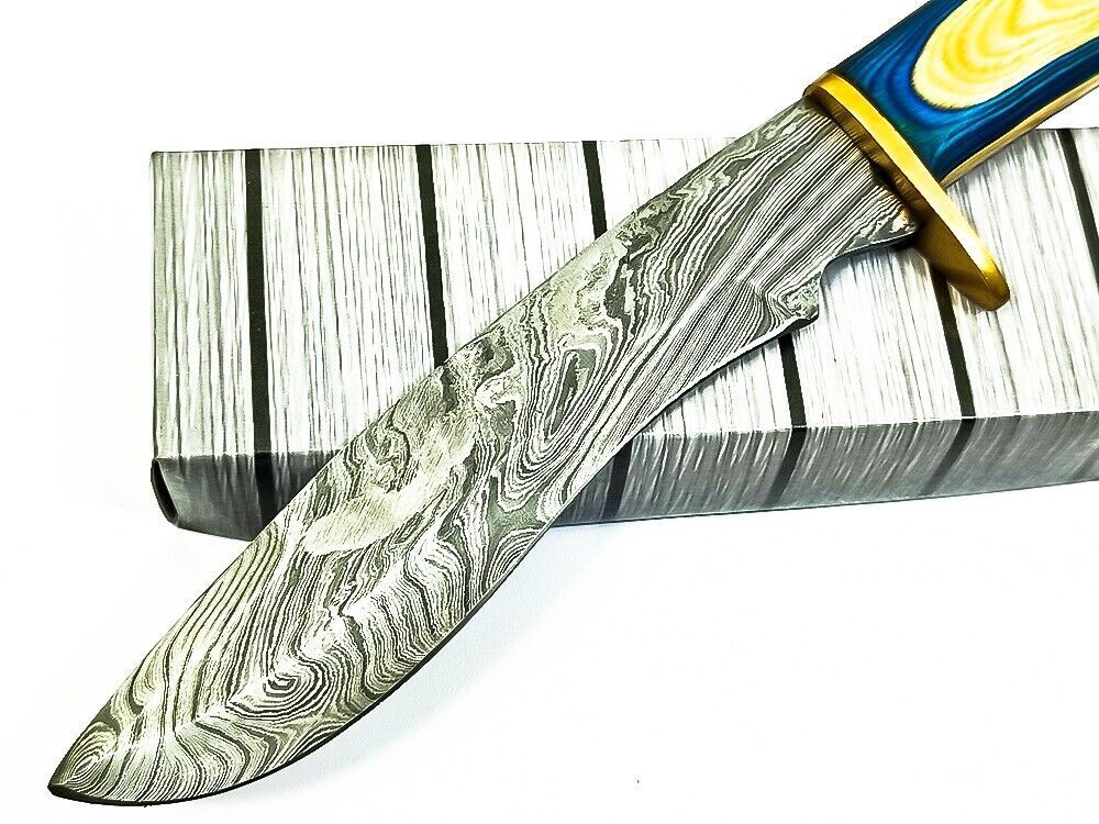 12.5" Custom Damascus Steel Bowie Knife – Wood Handle, Brass Guard & Leather Sheath