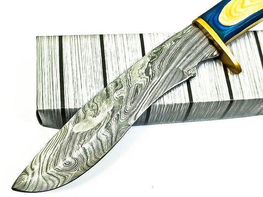 12.5" Custom Damascus Steel Bowie Knife – Wood Handle, Brass Guard & Leather Sheath