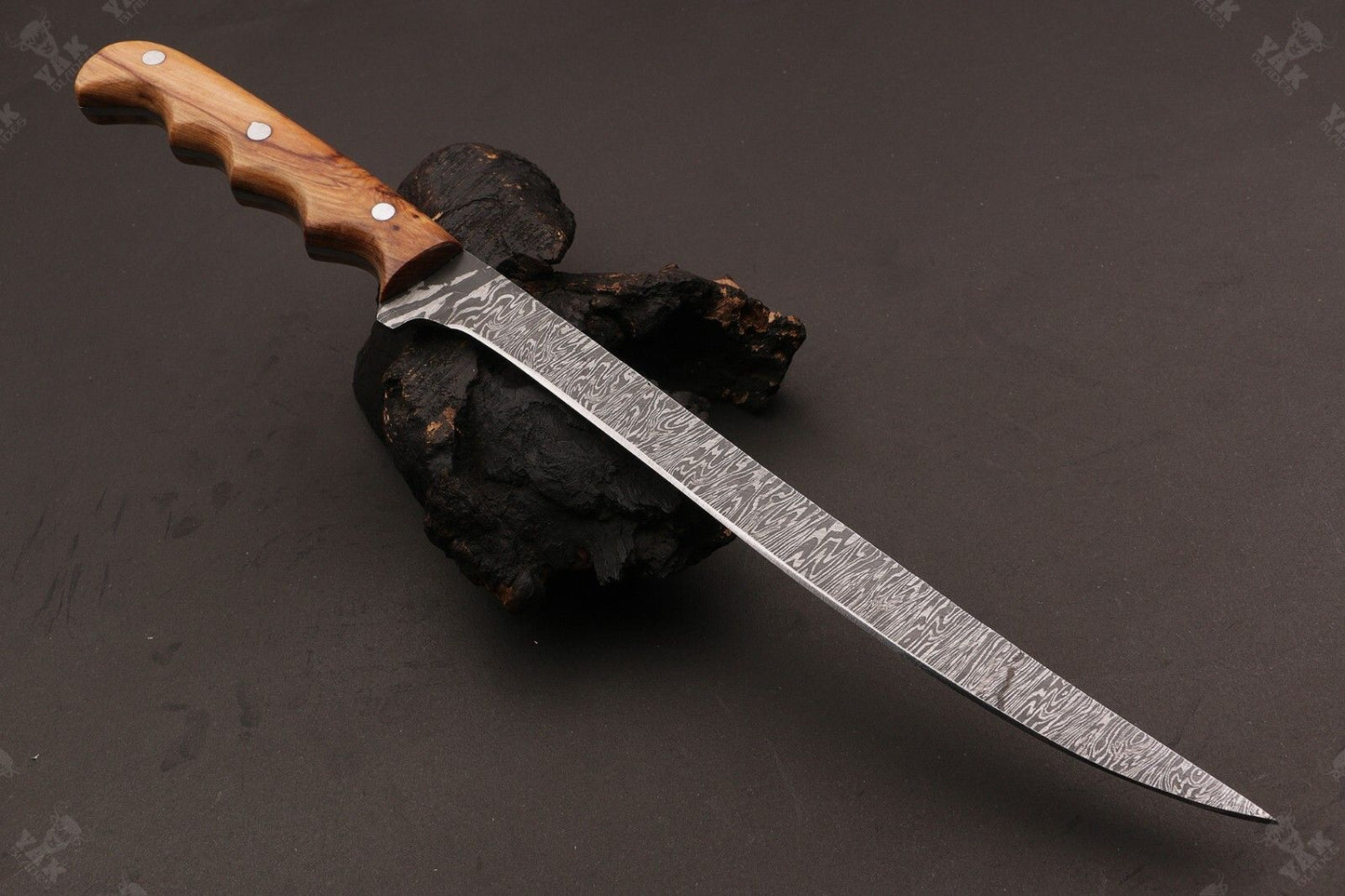 13" Custom Handmade Damascus Steel Fillet Knife & Best Fillet Knife With Leather Sheath