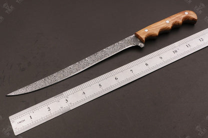 13" Custom Handmade Damascus Steel Fillet Knife & Best Fillet Knife With Leather Sheath