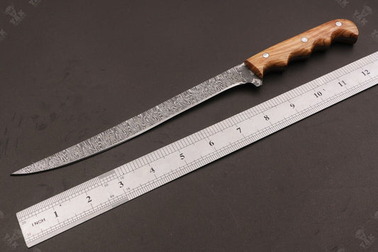 13" Custom Handmade Damascus Steel Fillet Knife & Best Fillet Knife With Leather Sheath