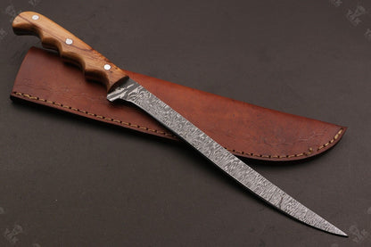 13" Custom Handmade Damascus Steel Fillet Knife & Best Fillet Knife With Leather Sheath