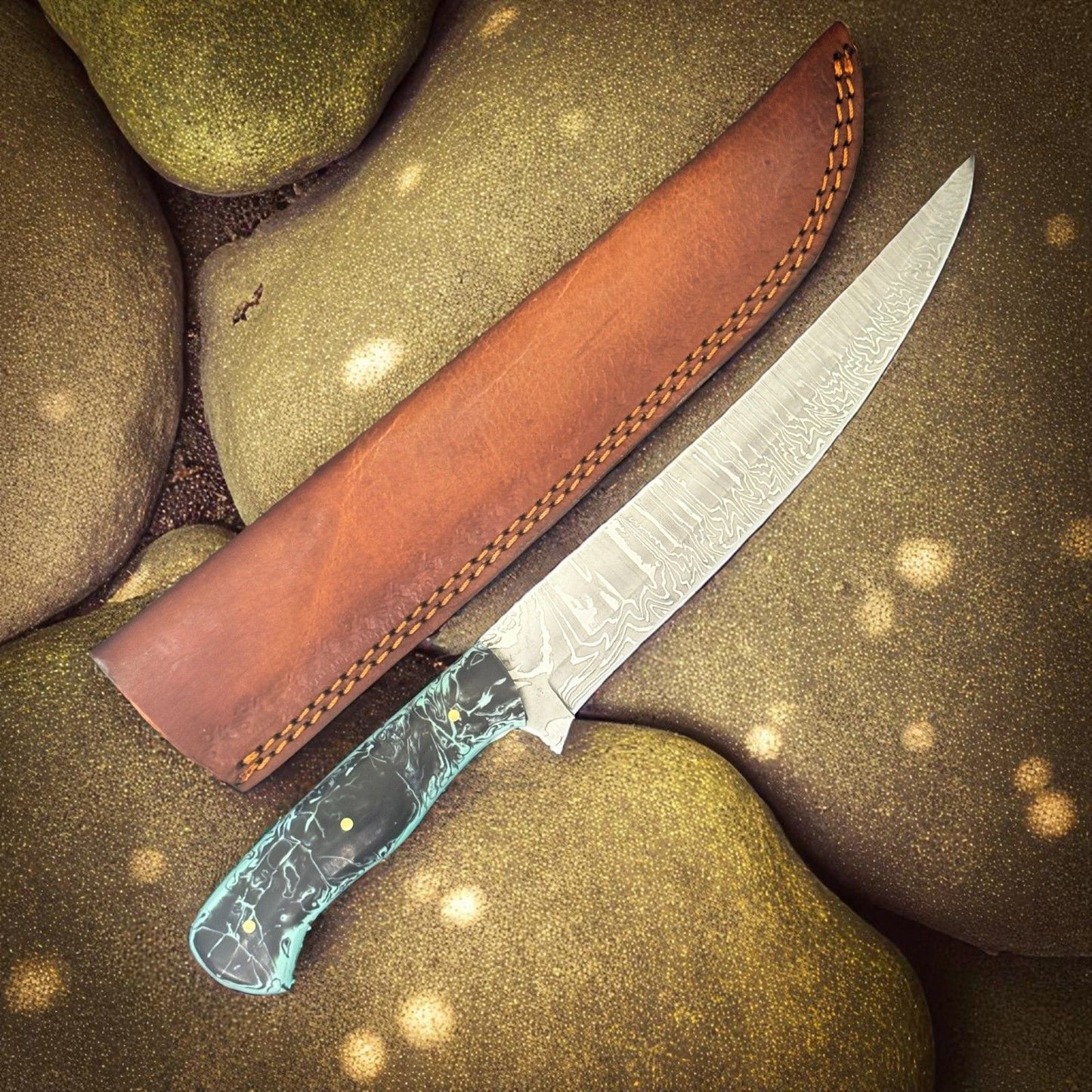 12" Handmade Damascus Steel Knife Damascus Fish Knife & Good Fillet Knife W/Sheath