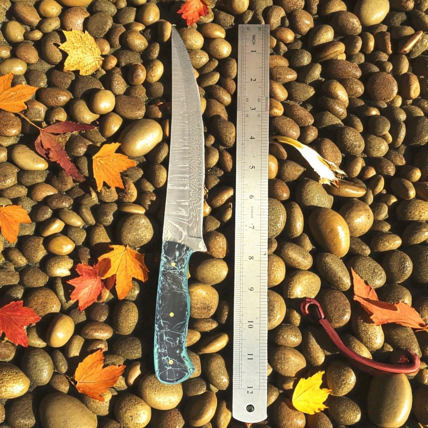 12" Handmade Damascus Steel Knife Damascus Fish Knife & Good Fillet Knife W/Sheath