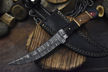 10" Twist Damascus Skinner Knife with Hardwood Handle & Micarta Bolster – Gift for Outdoorsmen