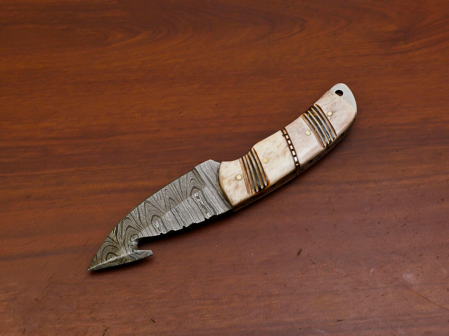 7 Inch Damascus Gut Hook Knife with Burn Camel Bone Handle