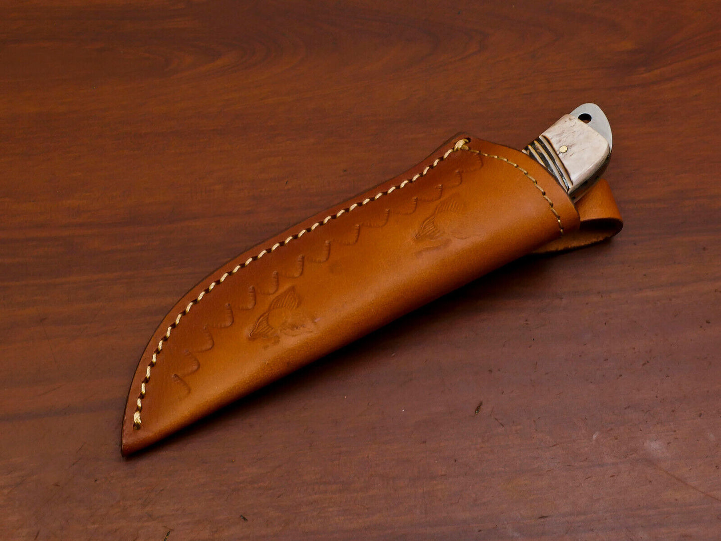 7 Inch Damascus Gut Hook Knife with Burn Camel Bone Handle