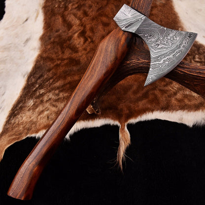 Custom Hand Forged Damascus Steel Viking Bearded Camping Hatchet Tomahawk Axe with Natural Wood Handle and Leather Sheath