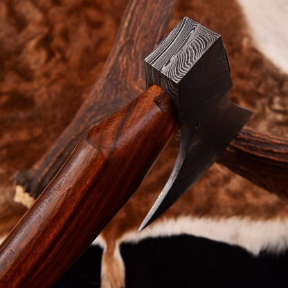 Custom Hand Forged Damascus Steel Viking Bearded Camping Hatchet Tomahawk Axe with Natural Wood Handle and Leather Sheath