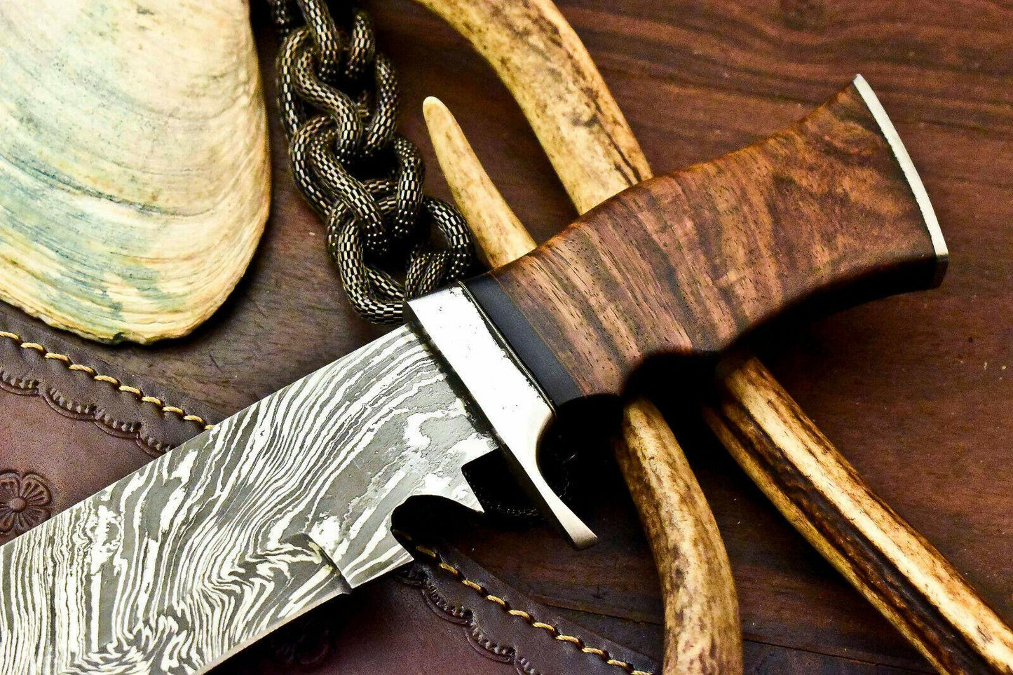 14" Custom Handmade Damascus Steel Bowie Hunting Knife | Walnut Wood Handle & Leather Sheath