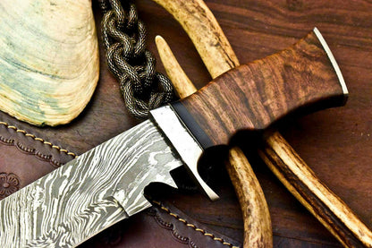 14" Custom Handmade Damascus Steel Bowie Hunting Knife | Walnut Wood Handle & Leather Sheath