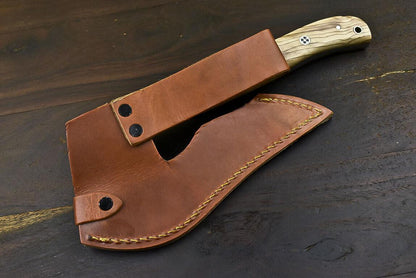 Fixed Blade Hunting Damascus Steel Olive Wood Clever Chopper Axe Knife – 12.8 Inch