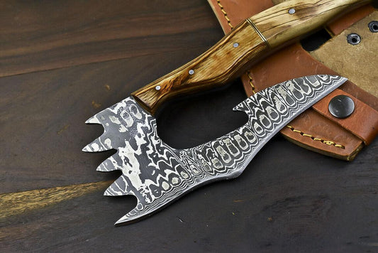 Fixed Blade Hunting Damascus Steel Olive Wood Clever Chopper Axe Knife – 12.8 Inch