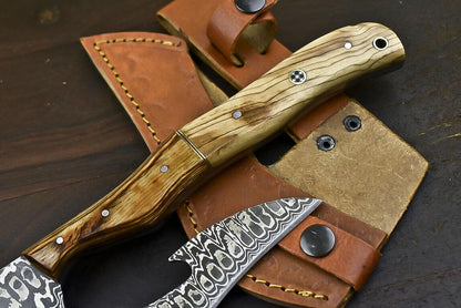 Handmade Forged Damascus Hunting Clever Chopper Axe Knife with Camel Bone Handle – 13.3 Inch