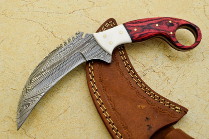 Handmade Best Karambit Knife Full Tang Damascus Steel Hunting Knife With Wood and Resin Handle