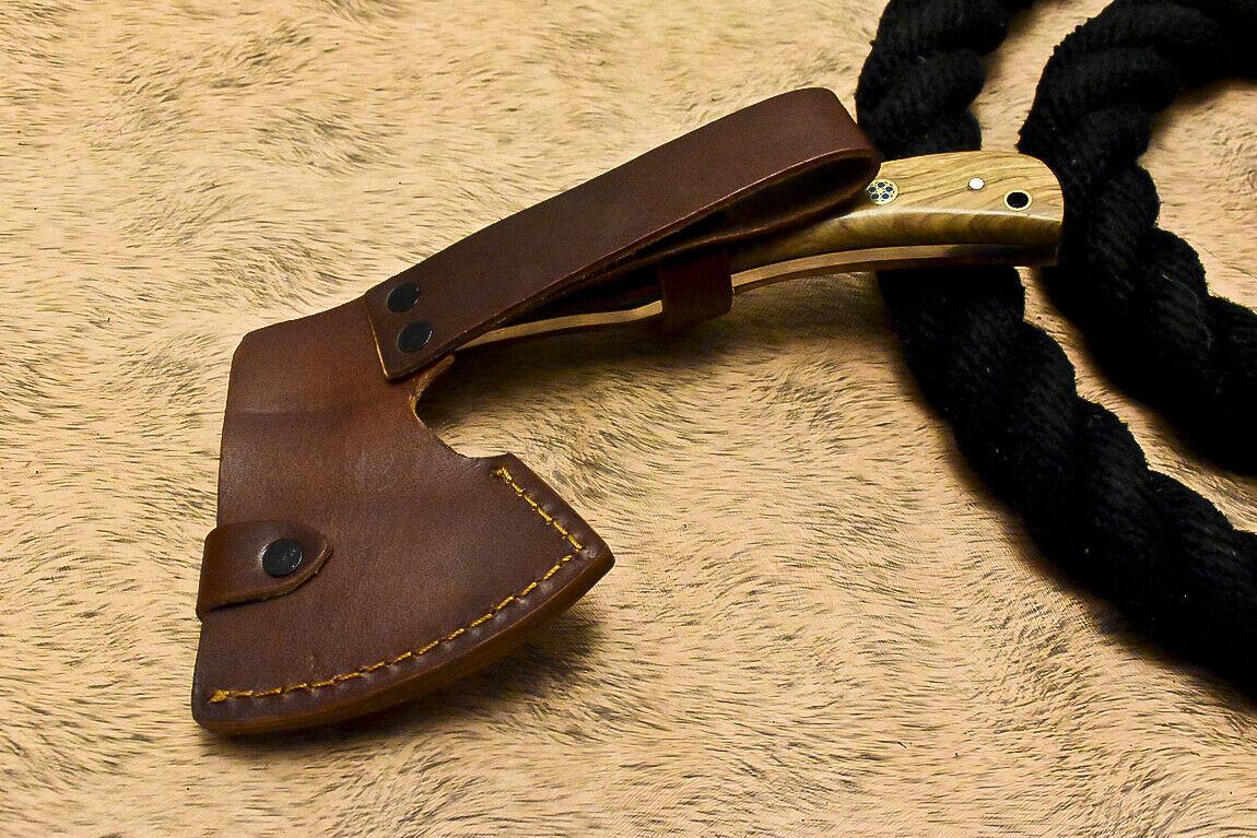 Hand Made Damascus Steel Olivewood Hunting Clever Chopper Axe Knife with Leather Sheath