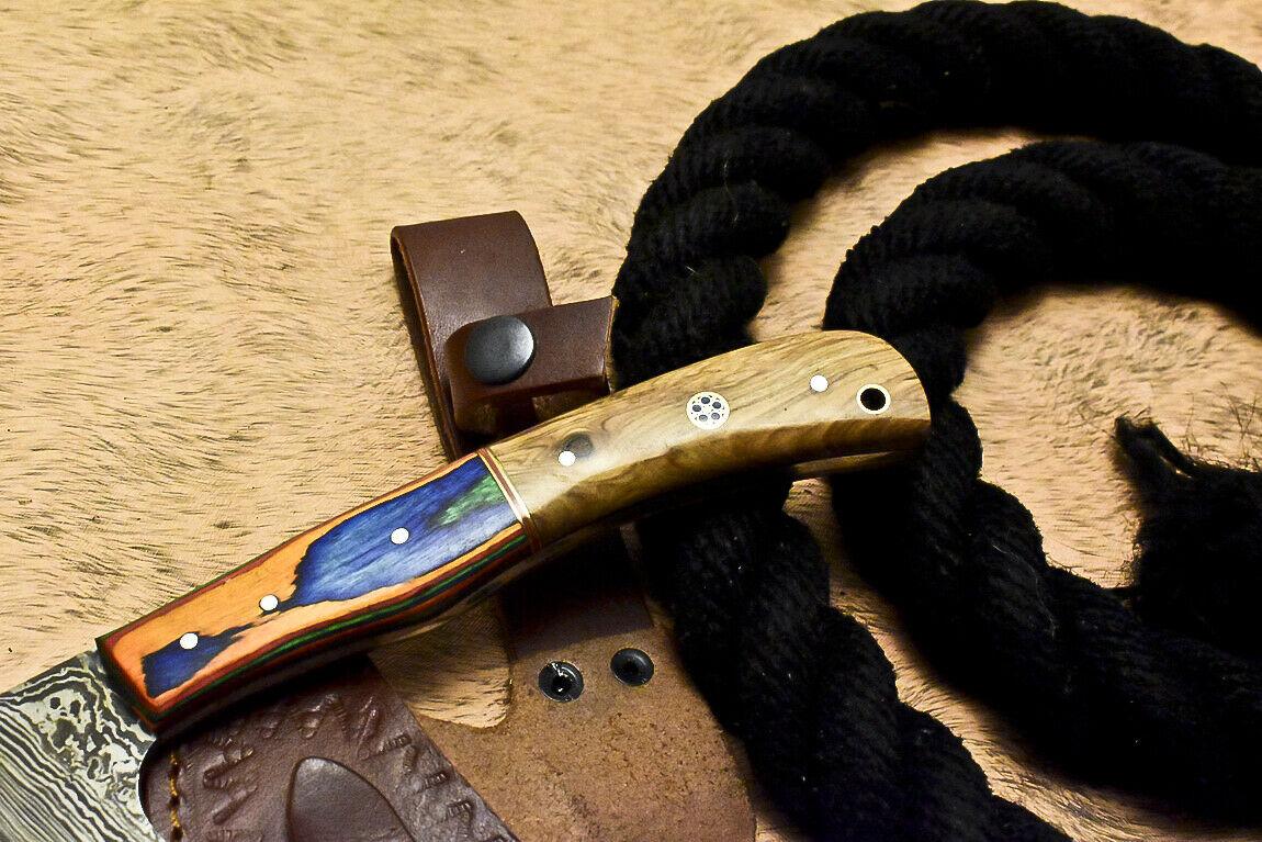 Hand Made Damascus Steel Olivewood Hunting Clever Chopper Axe Knife with Leather Sheath