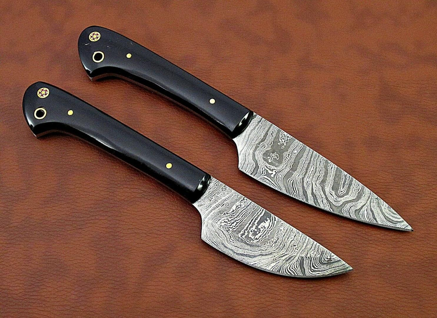Handmade Damascus Chef Knife Set of 2 – Black Horn Handle, Mosaic Pins