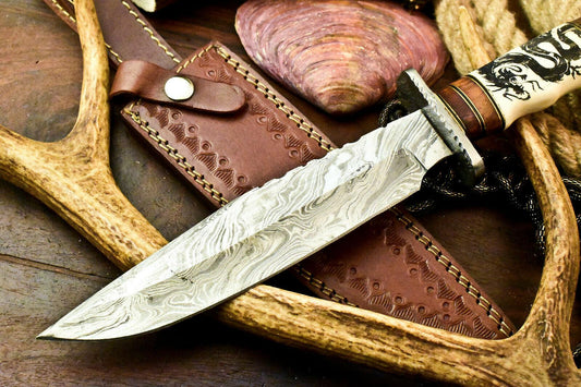 Laser Etched Damascus Bowie Knife – 13.5 Inch Handmade Hunting Blade with Stained Camel Bone Handle