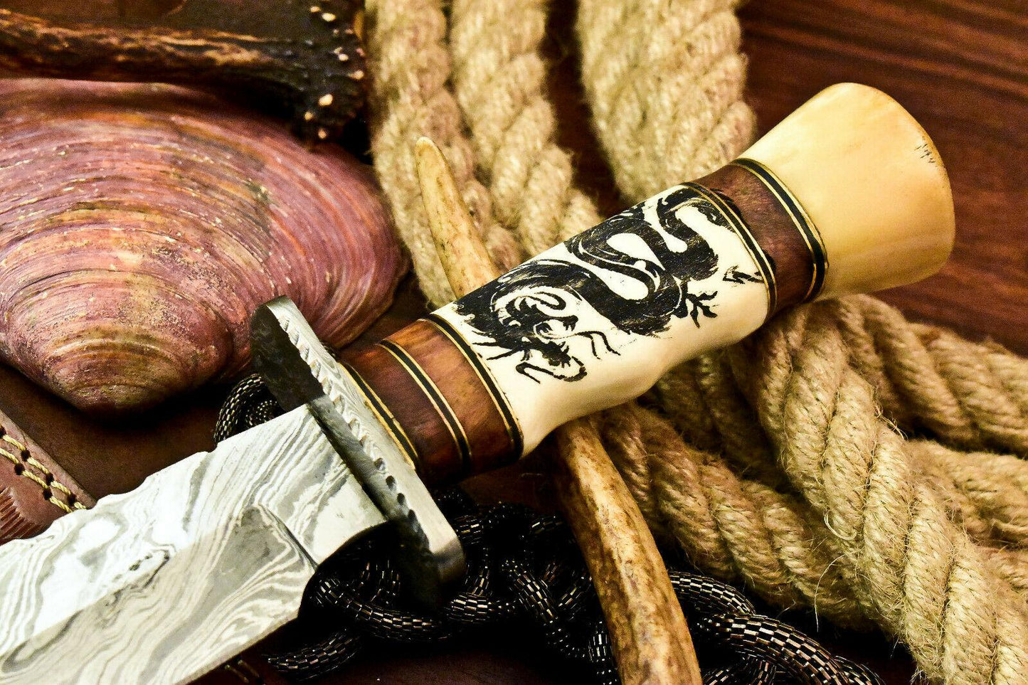 Laser Etched Damascus Bowie Knife – 13.5 Inch Handmade Hunting Blade with Stained Camel Bone Handle