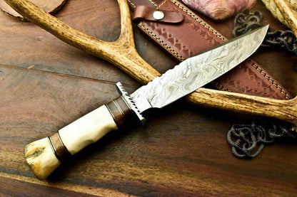 Laser Etched Damascus Bowie Knife – 13.5 Inch Handmade Hunting Blade with Stained Camel Bone Handle