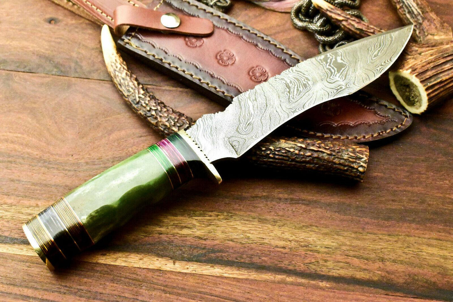 Iron Fang 13 Inch Damascus Bowie Knife | Camel Bone Handle with Leather Sheath
