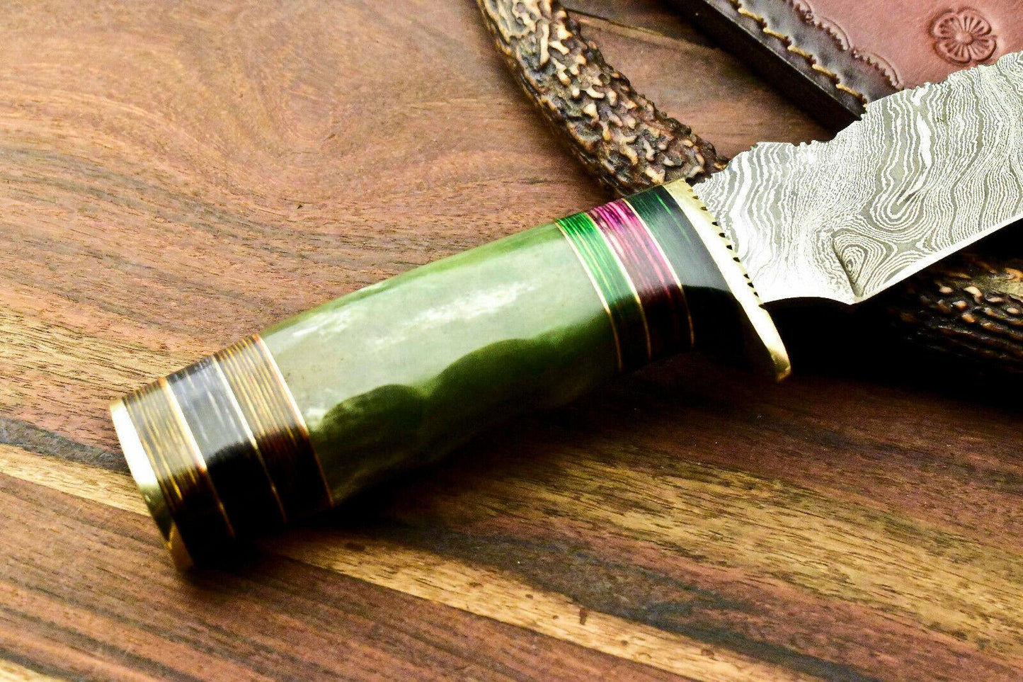 Iron Fang 13 Inch Damascus Bowie Knife | Camel Bone Handle with Leather Sheath