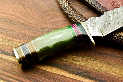 Iron Fang 13 Inch Damascus Bowie Knife | Camel Bone Handle with Leather Sheath