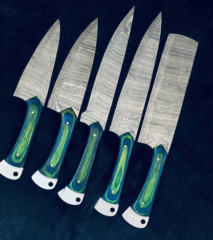 9" to 13" Custom Handmade Damascus Steel Chef Set | Kitchen Knives with Camel Bone & Wood Handle