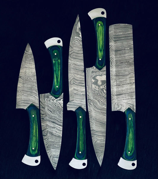 9" to 13" Custom Handmade Damascus Steel Chef Set | Kitchen Knives with Camel Bone & Wood Handle