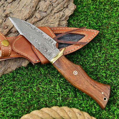 10" Handmade Damascus Steel Bowie Knife – Exotic Wood Handle with Leather Sheath