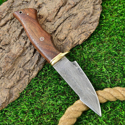 10" Handmade Damascus Steel Bowie Knife – Exotic Wood Handle with Leather Sheath