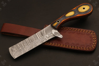 Handforge 9" Damascus Steel Bull Cutter Knife Custom Cowboy Bull Knife with Wood Handle