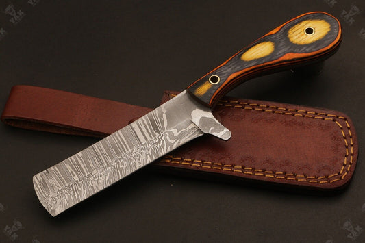 Handforge 9" Damascus Steel Bull Cutter Knife Custom Cowboy Bull Knife with Wood Handle