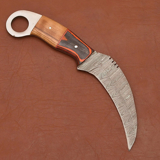 Handmade Damascus Karambit Damascus Steel Karambit Hunting Knife with Wood Handle