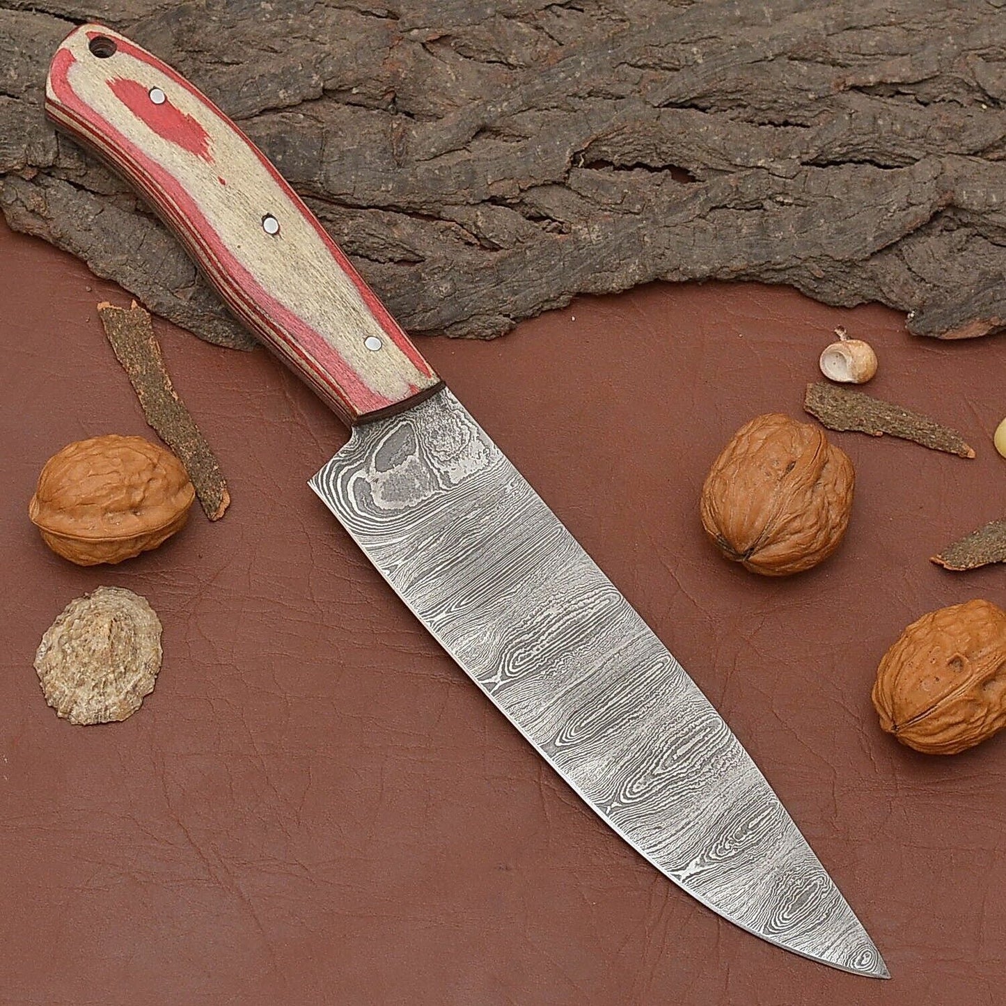 Custom Handmade Damascus Steel Chef Fillet Knife with Pakka Wood Handle & Leather Sheath