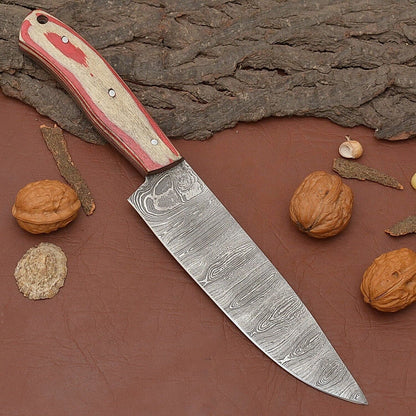 Custom Handmade Damascus Steel Chef Fillet Knife with Pakka Wood Handle & Leather Sheath