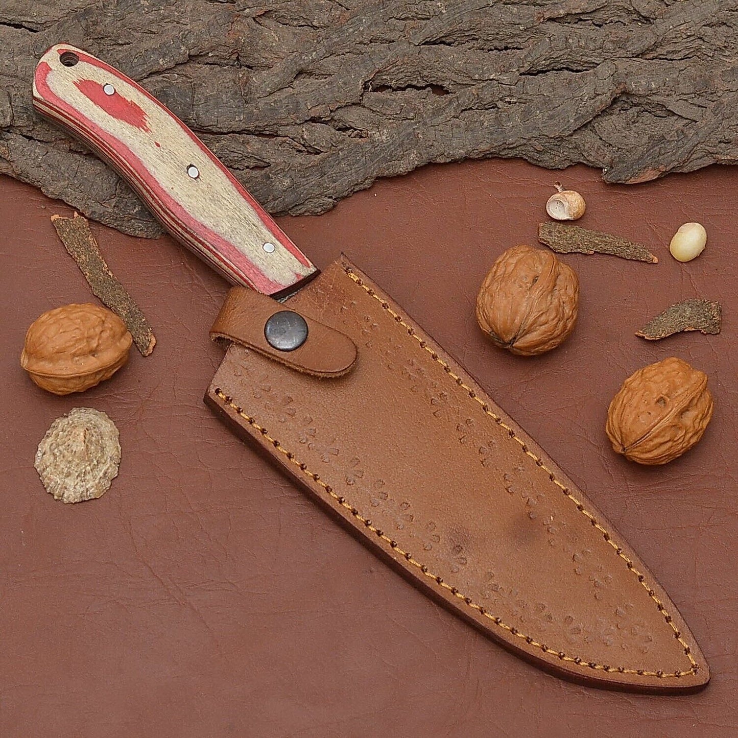 Custom Handmade Damascus Steel Chef Fillet Knife with Pakka Wood Handle & Leather Sheath