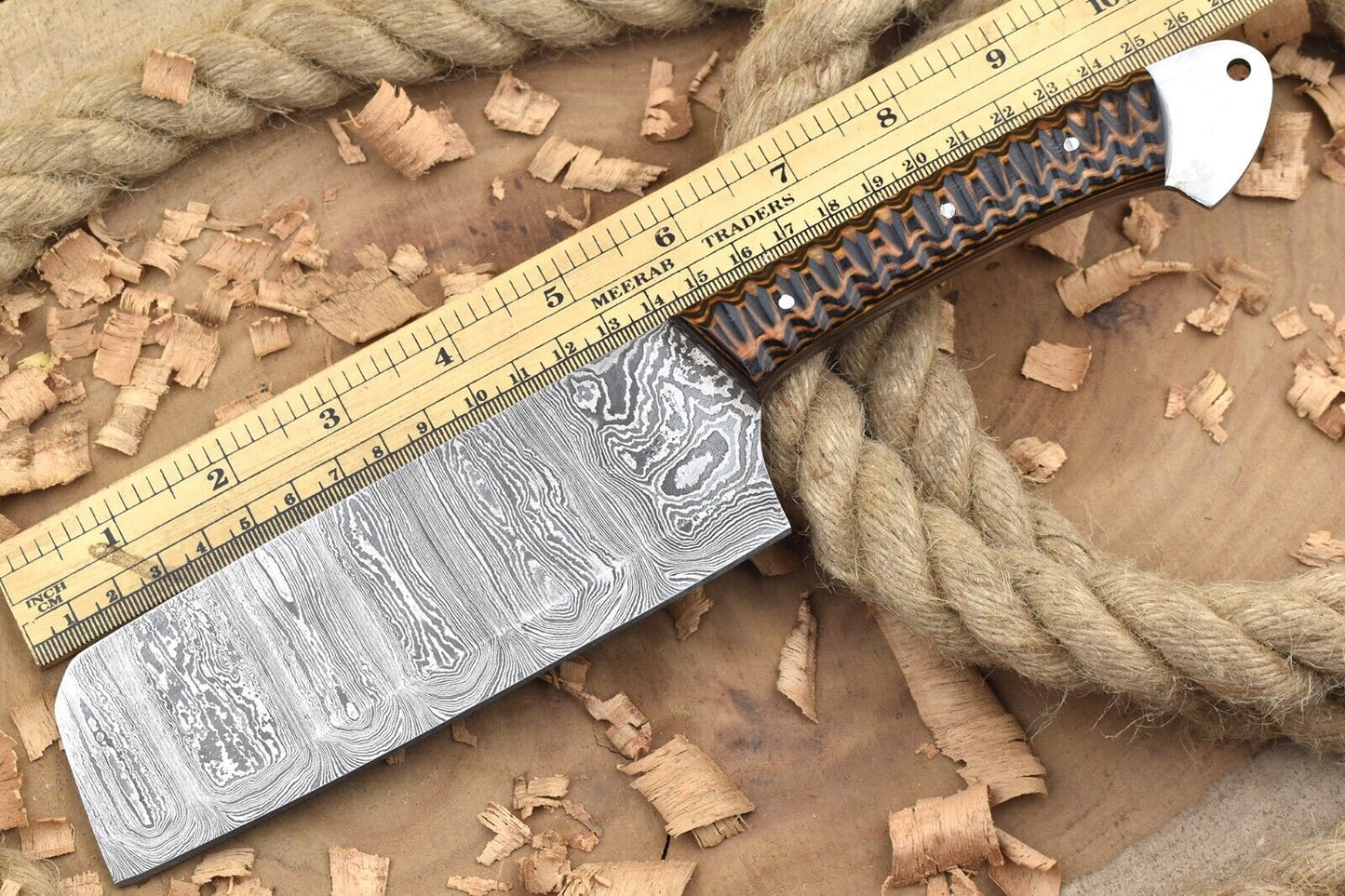 Custom Handmade Forged Damascus Steel Kitchen Chef Knife | Black & Brown Cleaver Handle