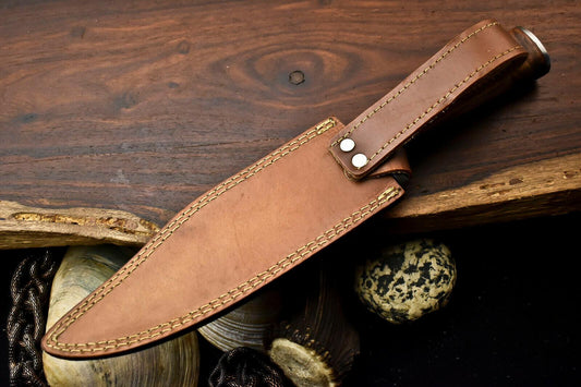 13.5" Handmade Damascus Steel Bowie Hunting Knife – Camel Bone Handle