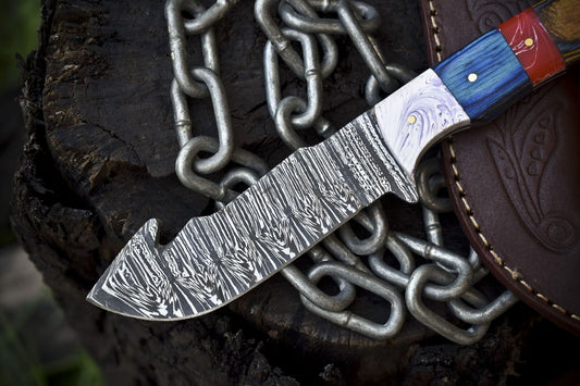 Hand Forged Twist Damascus Skinner Knife with Gut Hook and Hard Wood Handle for Hiking and Hunting