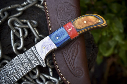 Hand Forged Twist Damascus Skinner Knife with Gut Hook and Hard Wood Handle for Hiking and Hunting