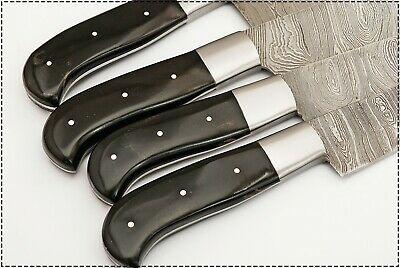4-Piece Handmade Damascus Chef Knife Set – Japanese Style Kitchen Knives with Horn Handle & Steel Bolster