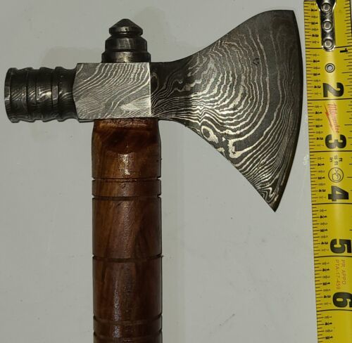 Custom Handmade Damascus Steel Peace Pipe Tomahawk Hatchet Axe with Wood Handle and Leather Sheath