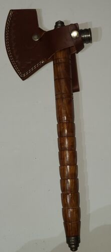 Custom Handmade Damascus Steel Peace Pipe Tomahawk Hatchet Axe with Wood Handle and Leather Sheath