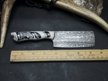 Handmade Damascus Steel Kitchen Chef Cleaver Knife – Resin Handle with Cowhide Sheath
